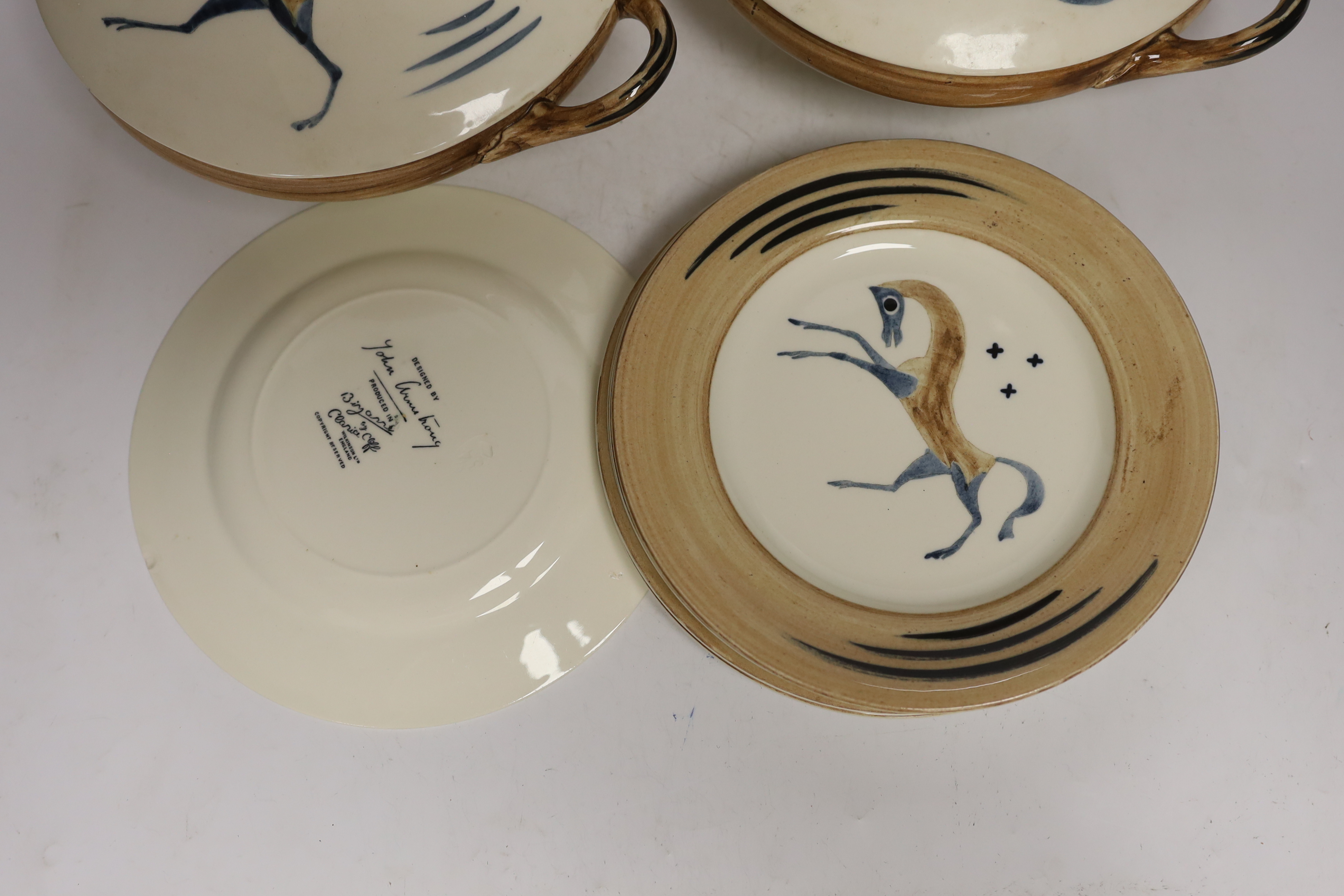John Armstrong for Clarice Cliff, a pair of lidded two handled vegetable tureens and five dishes, painted with the ‘’Chaldean’’ pattern, produced for the Harrods and Art in Industry Exhibitions, in 1934